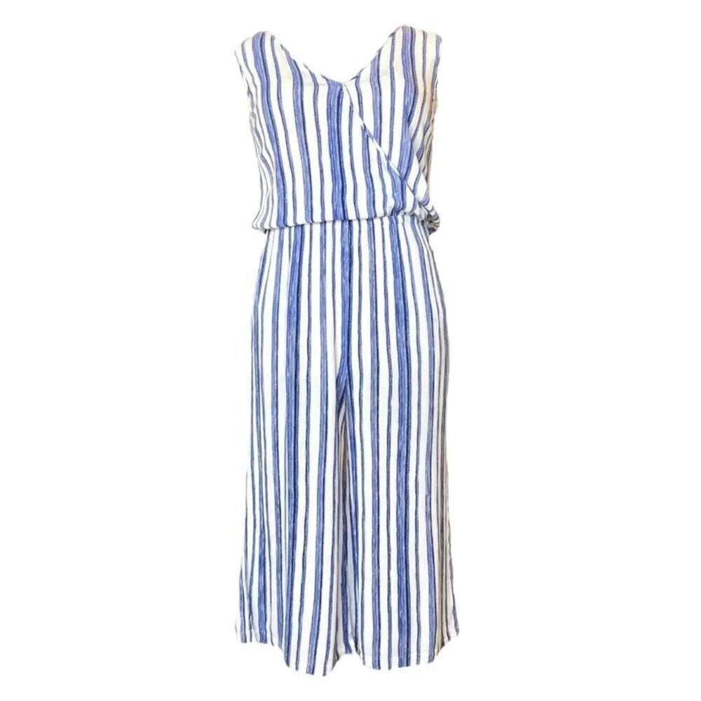 Chico’s Striped Gaucho jumpsuit size 8 Blue White Sleeveless